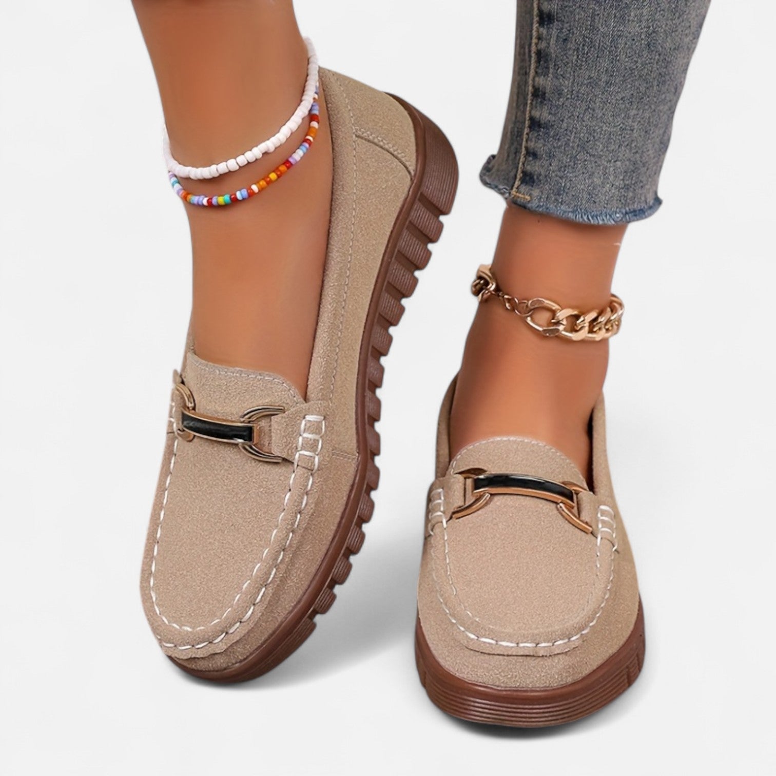 Britsoles | Women's Metallic Buckle Loafers – Soft Sole Slip-On Flats in Solid Colour for Effortless Everyday Style